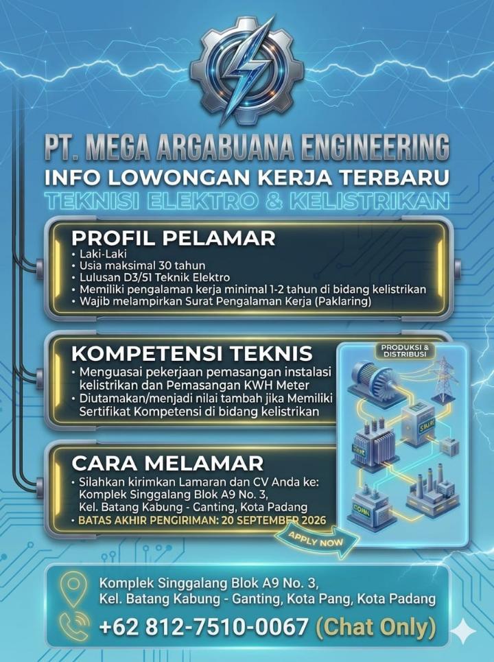 TEKNISI ELEKTRO & KELISTRIKAN – PT. Mega Argabuana Engineering