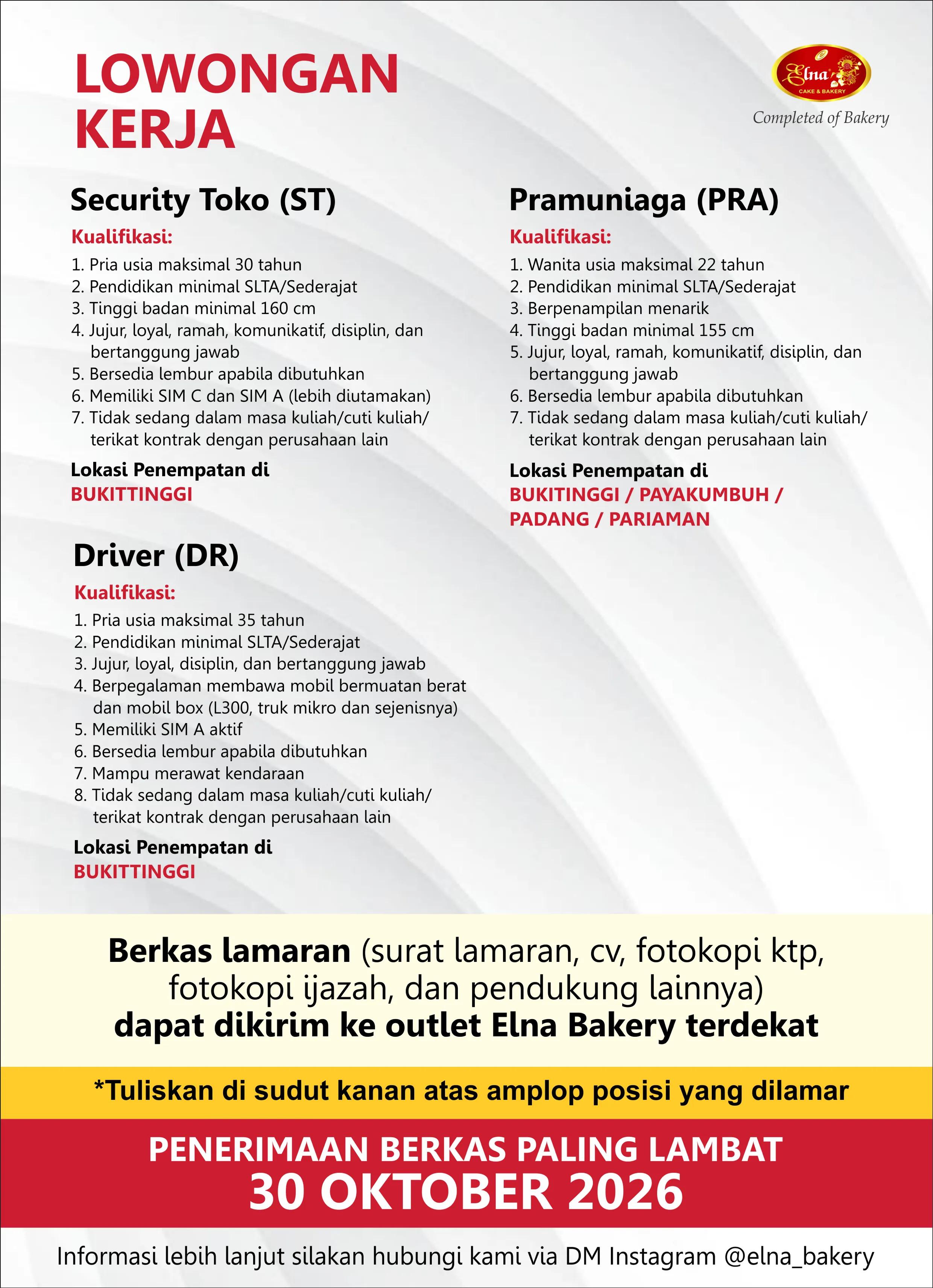 Security Toko (ST) – Pramuniaga (PRA) – Driver (DR) – Elna Bakery