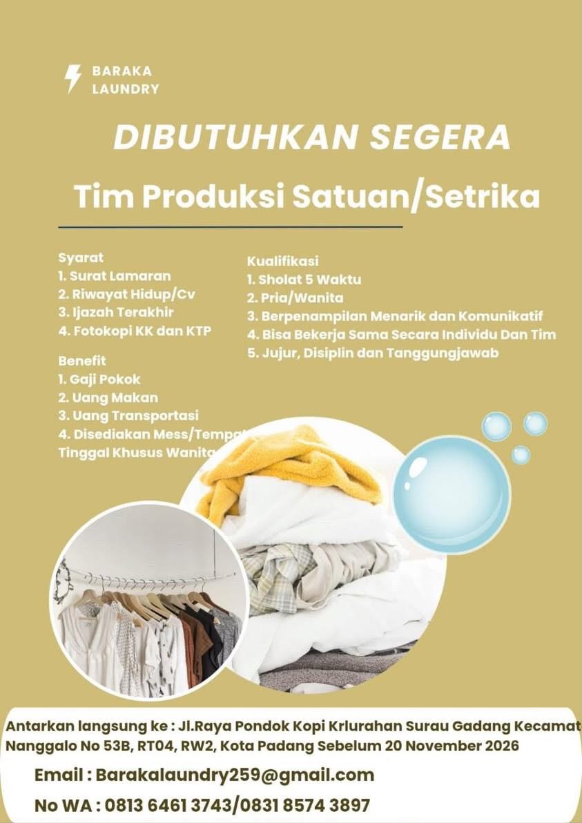 Tim Produksi Satuan/Setrika – Baraka Laundry