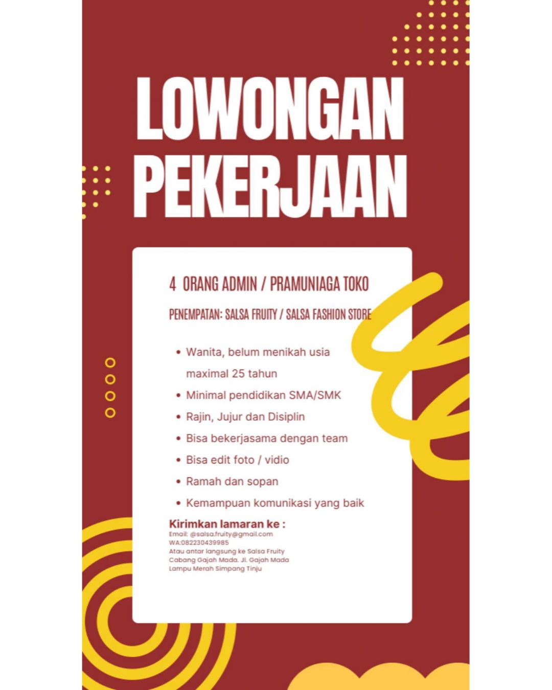 4 orang Admin/Pramuniaga Toko – Salsa Fruity/Salsa Fashion Store