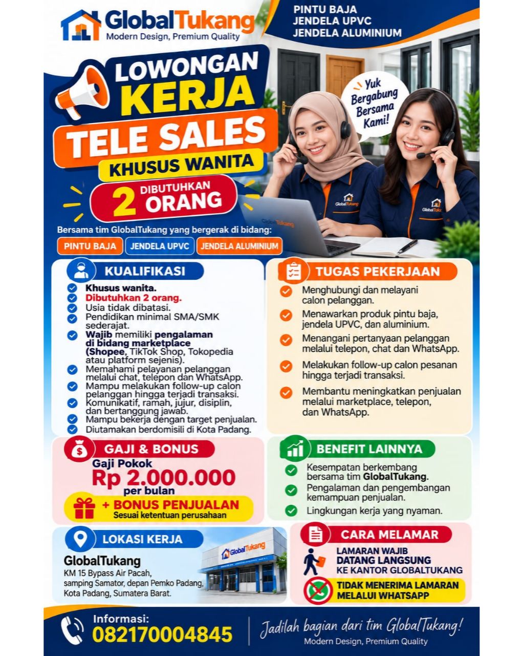 2 orang Tele Sales (Khusus Wanita) – Global Tukang