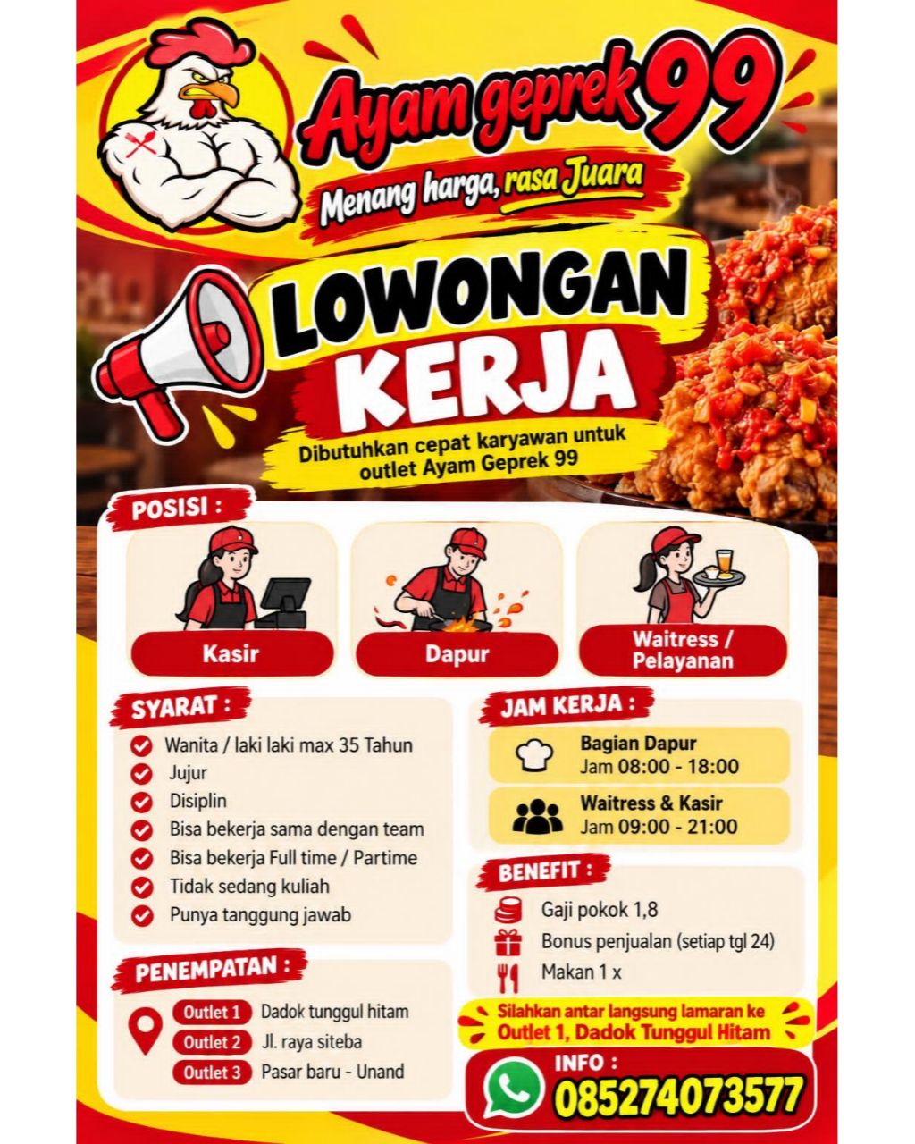 Kasir – Dapur – Waitress/Pelayanan – Ayam Geprek 99