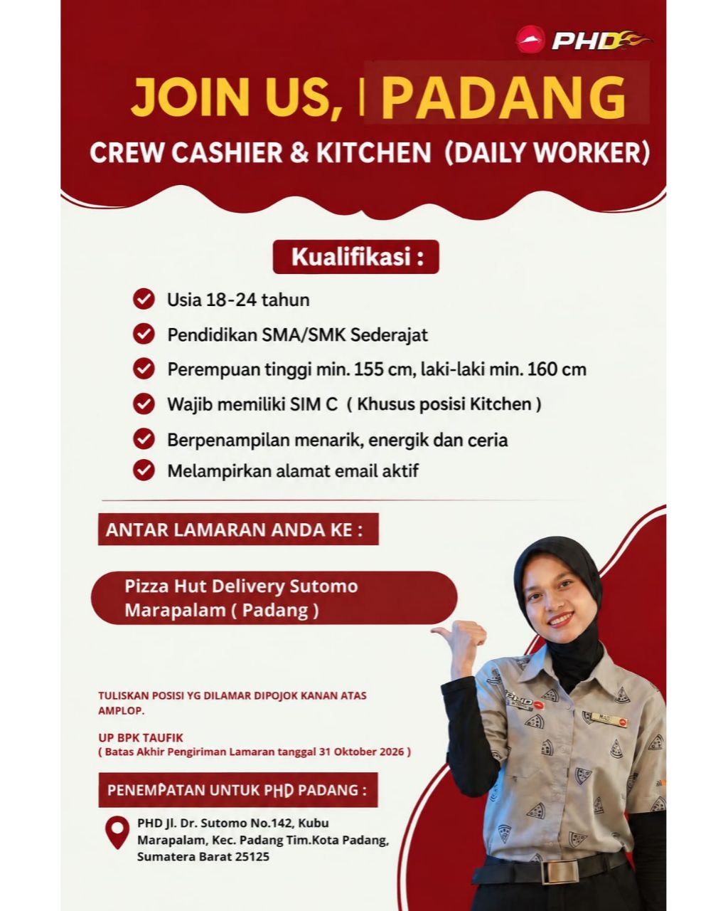 Crew Cashier & Kitchen (Daily Worker) – PHD, Sutomo, Marapalam Kota Padang 