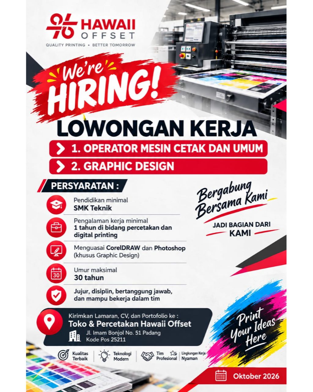 Operator Mesin Cetak & Umum – Graphic Design – Hawaii Offset Padang