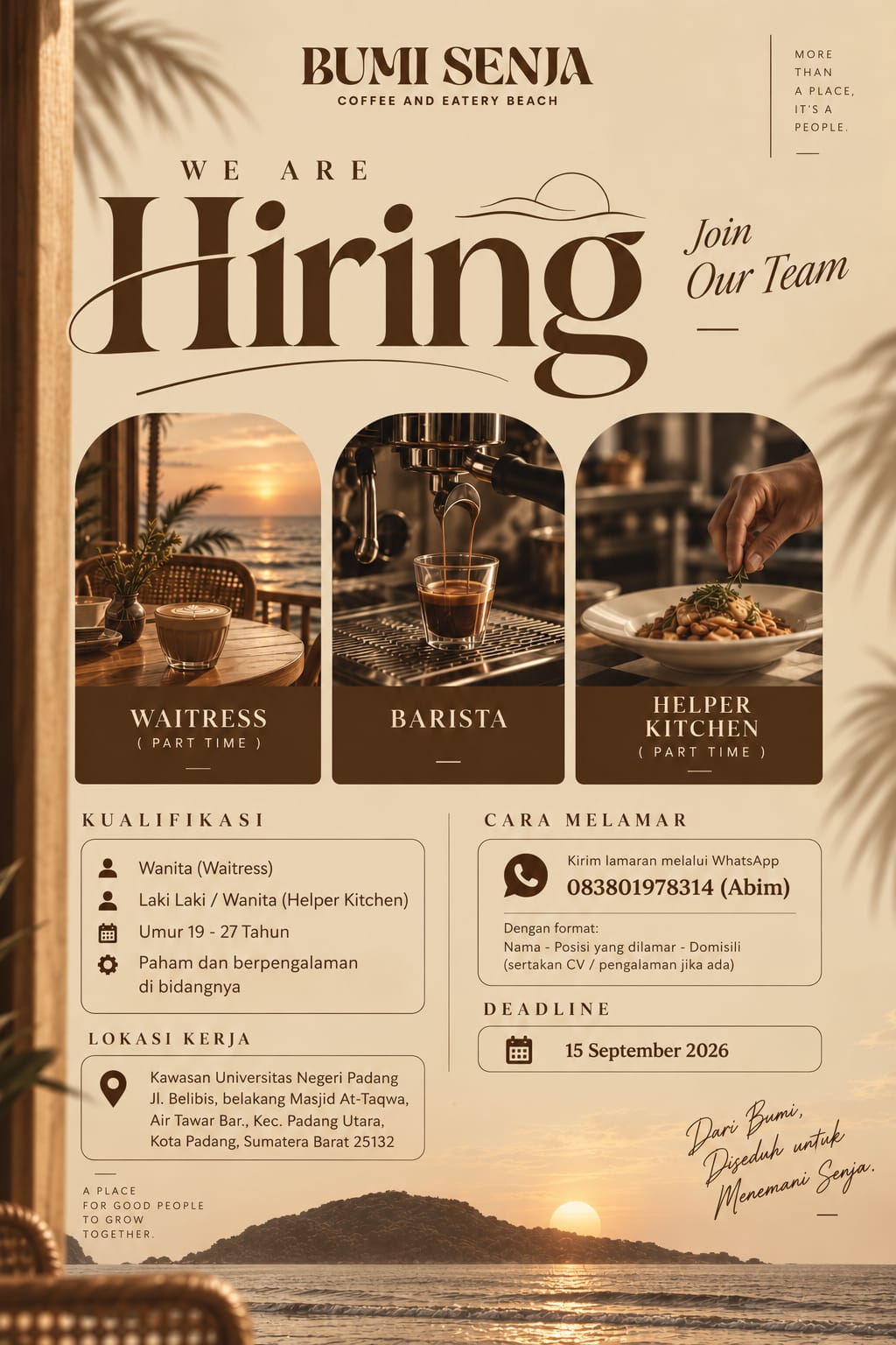 Waitress – Barista – Helper Kitchen – BUMI SENJA –