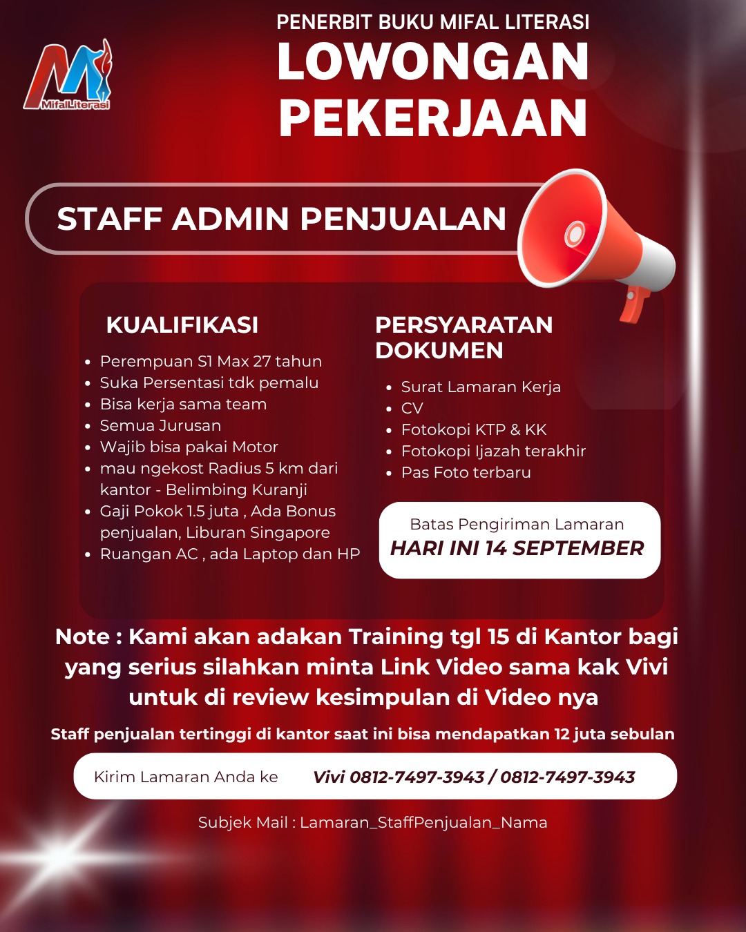 STAFF ADMIN PENJUALAN – PENERBIT BUKU MIFAL LITERASI