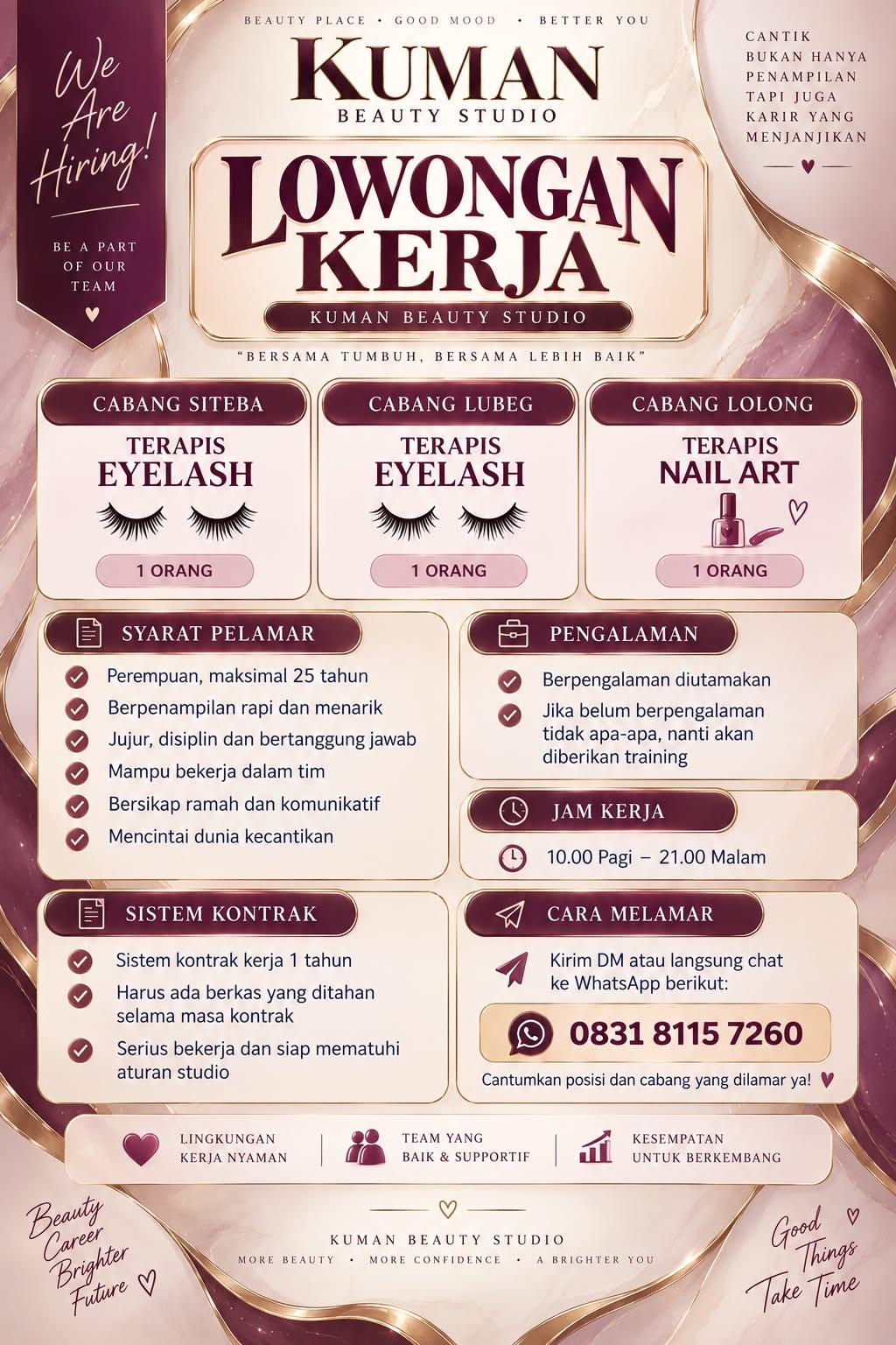Terapis Eyelash (Cabang Lubeg dan Siteba) – Terapis Nailart (Cabang Lolong)