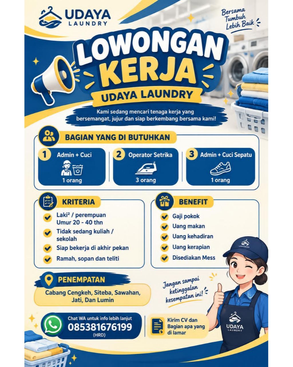 Admin + Cuci – Operator Setrika – Admin + Cuci Sepatu – Udaya Laundry