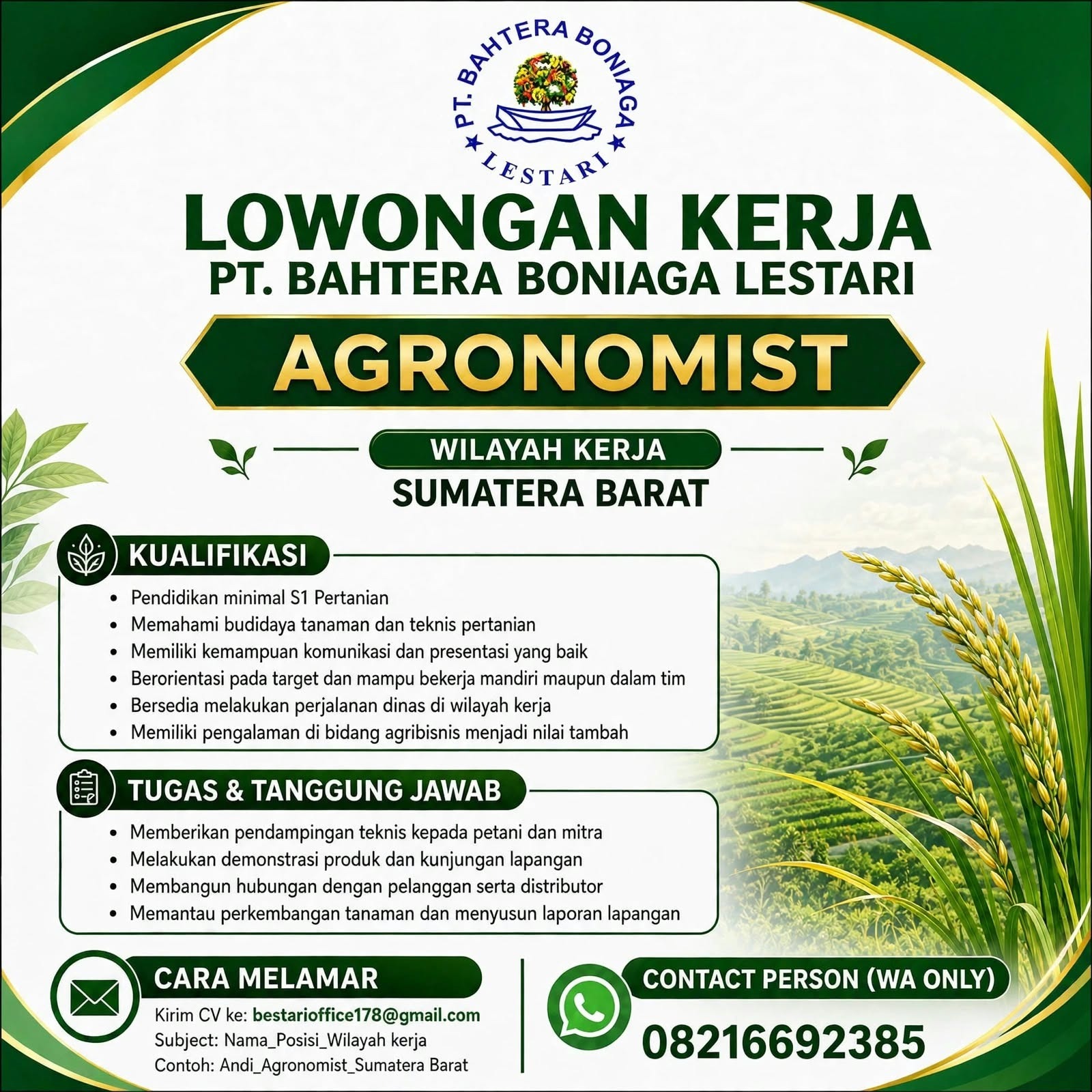 AGRONOMIST – PT. Bahtera Boniaga Lestari